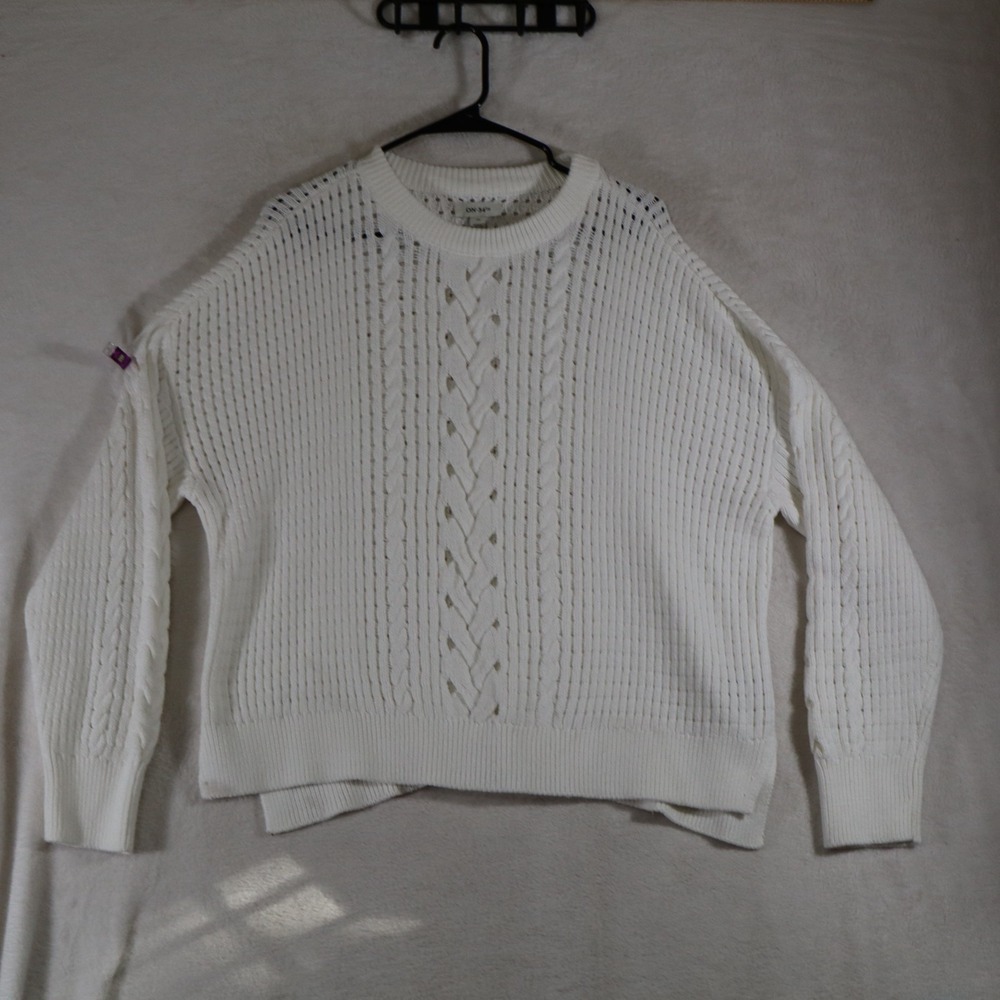 On 34th Women's 2X White Open Knit Crochet Style Sweater Crewneck Cable
